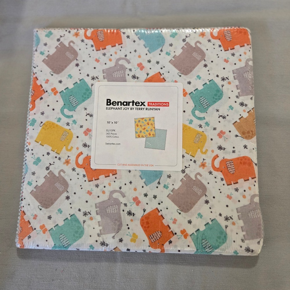 Benartex Elephant Joy Terry Runyan 10in Fabric Squares 42pc Layer Cake Cotton